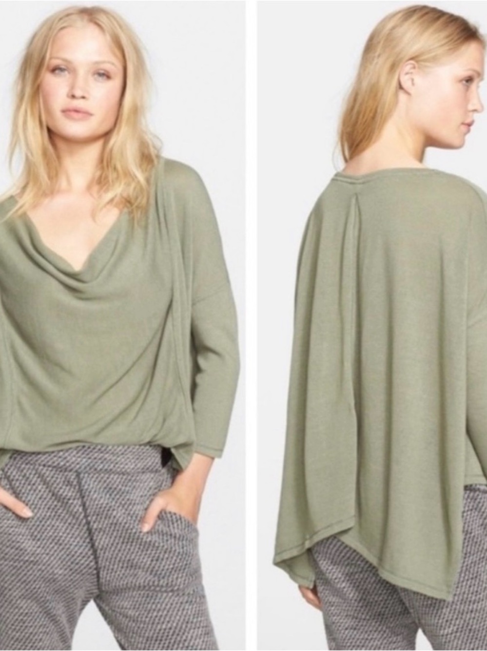 We The Free Olive Draped Cowl-Neck Lightweight Sweater linen blend boho XL FALL